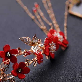 FORSEVEN Chineză Tradițională Aur Roșu de Flori de Mireasa mireasa Mireasa Frizură Păr Bijuterii Ciucure Lung Tiara Bentita Cercei Set