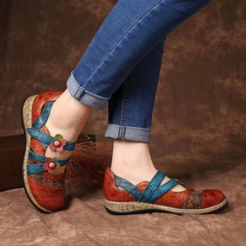 GAOKE Floral Vintage din Piele Despicare Colorate de Cusut cu Cârlig Buclă Plat Pantofi de Primăvară-Vară Casual pentru Femei Pantofi Plat Noi