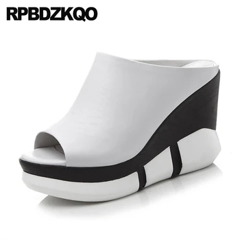 Pompe De Pantofi De Designer, Femei De Lux 2018 Piele Naturala Sandale Pană Catâri Pista Peep Toe Pantofi Cu Toc Alb Platforma De Diapozitive
