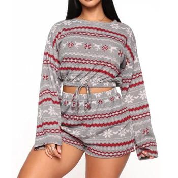 2 buc Femei Haine de Crăciun Seturi Maneca Lunga Crop Top +pantaloni Scurți 2020 Crăciun Fulg de nea Imprima O-Gât Toamna Agrement Homwear 3 Stiluri
