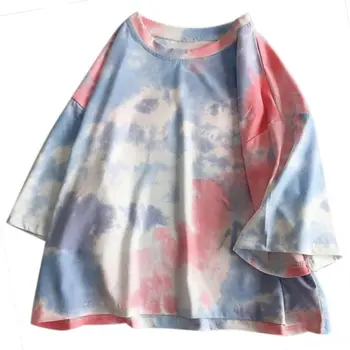 2020 Femei Maneca Scurta Tricou Vrac Harajuku Gradient Tie-Dye Supradimensionate Tunica Topuri