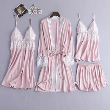 Roz 4BUC Pijama Set pentru Dormit Femei Sexy Lace Kimono-Halat Rochie Costum Cu Centura de Pijamale de Top de Curea de Pantaloni Îmbrăcăminte Acasă Neglijeu