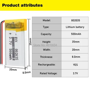802035 3.7 v 500mah baterie litiu-polimer 3 7V volt li po ion lipo baterii reîncărcabile pentru dvd de navigație GPS