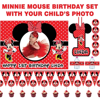 Personalizate Rosu Minnie Mouse zi de Naștere setare fotografie pe fundal, banner, sticla de apa etichete, cupcake toppers, autocolante
