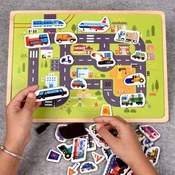 Lemn Puzzle Magnetic Animal de Trafic Vehicul Scene de Joc de copii pentru Copii mai Devreme de Învățare de Învățământ Jucarii Puzzle pentru Copii