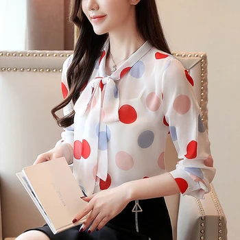 2021 Nou coreean Liber Feminin Bluza cu Buline Imprimate Tricou Femeie Simplă Moale Șifon Cămașă cu Mâneci Lungi cu Bretele 7187