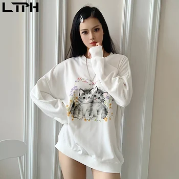 LTPH 2020 Toamna new sosire Moda Casual drăguț pisica Imprimare pulover pulovere-O-Gat maneci lungi pierde leneș tricou femei