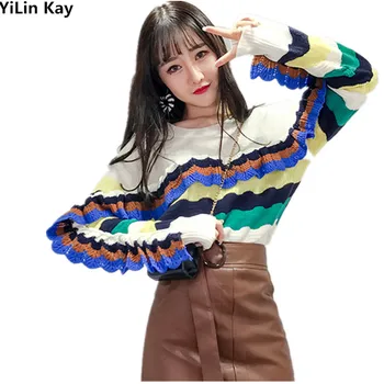 Femei Toamna Pistă de Moda Casual Batwing Maneca Mozaic Colorat cu dungi Zburli Pulover femei pulovere tricotate pulovere
