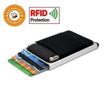 BONAMIE Subțire de Aluminiu Portofel Cu Elasticitate Spate Husă de IDENTITATE al Titularului Cardului de Credit Mini RFID Portofel Automată Pop-up Card Bancar Caz