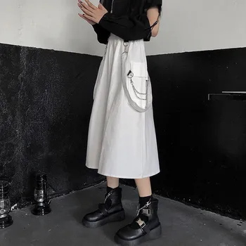 Partea Lanțului De Inel Buzunar Midi Fusta Lunga Neagra Cu Talie Înaltă Liber O-Linie Cargo Skiets Coreean Hip Hop Streetwear Harajuku Supradimensionat