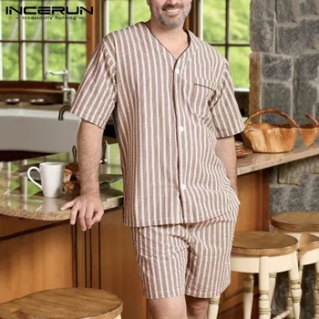 INCERUN Dungi Bărbați Seturi de Pijamale Homewear Bumbac Scurt Maneca V Gat Sleepwear pantaloni Scurți de Moda Confortabil 2021 Bărbați îmbrăcăminte de noapte Seturi S-5XL