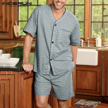 INCERUN Dungi Bărbați Seturi de Pijamale Homewear Bumbac Scurt Maneca V Gat Sleepwear pantaloni Scurți de Moda Confortabil 2021 Bărbați îmbrăcăminte de noapte Seturi S-5XL
