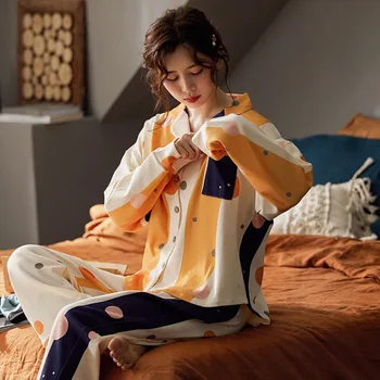 Primăvara Și Toamna Plină de Bumbac de Culoare de Contrast Doamnelor Set de Pijama Femei Lungă cu mâneci Plus Dimensiune Homewear Doamnelor 2 buc Subțire Sleepwear