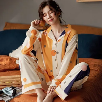 Primăvara Și Toamna Plină de Bumbac de Culoare de Contrast Doamnelor Set de Pijama Femei Lungă cu mâneci Plus Dimensiune Homewear Doamnelor 2 buc Subțire Sleepwear