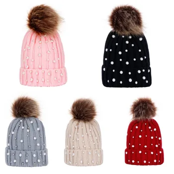 Toamna și iarna copii adorabili cald tricotate pălărie de Moda Pearl căști Palarie Fete sex Feminin Chelioși Beanie Cap Pompom Pălării pentru Z36