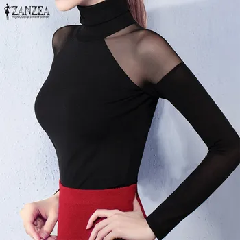 2021 Plasă Vedea Prin Topuri ZANZEA Boem Bluza cu Maneci Lungi Si Bluze Vintage Guler Culoare Solidă Supradimensionate Blusas Femme