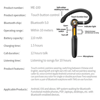 Bluetooth 5.0 Căști Ureche-Cârlig De Control Tactil Singură Ureche Afaceri Cască Sport De Reducere A Zgomotului Stereo Căști Căști