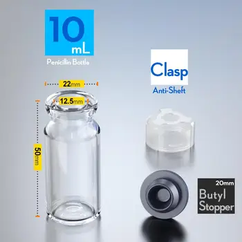 50pcs penicilina sticla flacon de sticlă cu dop de cauciuc și anti-sheft incuietoare 3 ml, 5ml, 7ml,10 ml, 15 ml, 20 ml,25 ml,30 ml borcane