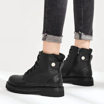 DRKANOL Moda Negru din Piele Cizme Femei de Iarna Cald Platforma Glezna Cizme lucrate Manual Toc Pătrat Cizme pentru Femei Pantofi Casual
