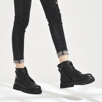 DRKANOL Moda Negru din Piele Cizme Femei de Iarna Cald Platforma Glezna Cizme lucrate Manual Toc Pătrat Cizme pentru Femei Pantofi Casual