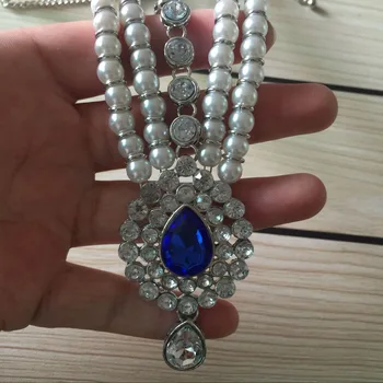 Manual Kundan de culoare albastru cu pietre si perle de păr lanț Grecian cap stil de bijuterii de nunta petrecere
