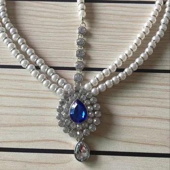 Manual Kundan de culoare albastru cu pietre si perle de păr lanț Grecian cap stil de bijuterii de nunta petrecere
