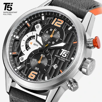 Bandă De Piele Barbati Negru T5 Quartz Cronograf Om Impermeabil Sport Brand De Top Ceas De Lux Mens Ceasuri Ceas De Mână