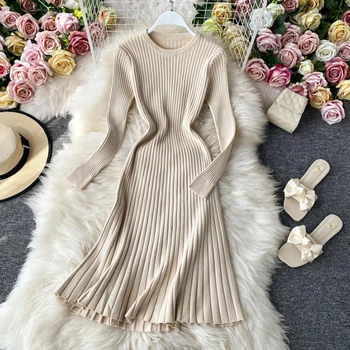 2020 Epocă Solid Slim Rochie din Tricot de Toamna Iarna Bottom Pulover Rochie Midi Femei-linie talie Mare Vestido rochie eleganta