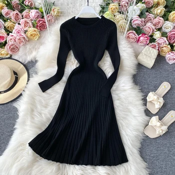 2020 Epocă Solid Slim Rochie din Tricot de Toamna Iarna Bottom Pulover Rochie Midi Femei-linie talie Mare Vestido rochie eleganta