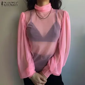 Moda Solid Topuri pentru Femei Bluză Transparentă 2021 ZANZEA Casual Manșon de Puf Plasă de Topuri de sex Feminin Guler Blusas Supradimensionate Tunica