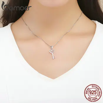 BAMOER Argint 925 Fericire Cheie in Forma de Inima Pandantiv Charm se potrivesc Femei Brățări & Coliere Bijuterii Cadou SCC791