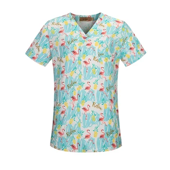 Imprimare de moda bluza V-Neck Mâneci Scurte, partea de Sus cu Două Buzunare Mari sănătate și frumusețe haine de lucru de Laborator Strat uniform SPA uniformă