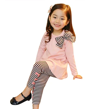 Fete Pentru Copii Seturi De Îmbrăcăminte De Primăvară De Toamnă Pentru Copii Cu Maneca Lunga Bowknot Rochie T-Shirt+Stripe Pantaloni Set Copii Bumbac Costum Costum