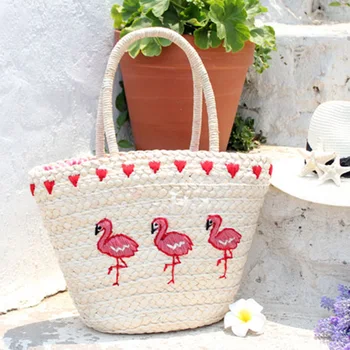 Noi sweet lady flamingo sac de paie geantă de umăr geanta casual de vara plaja de călătorie țesute saci