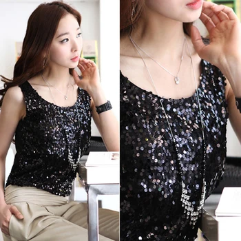 Plus Dimensiune 5XL stil coreean de Top Sexy bluza fără Mâneci Sequined Vesta Femei O Gât Topuri Tricou de Culoare Solidă de Aur blusas