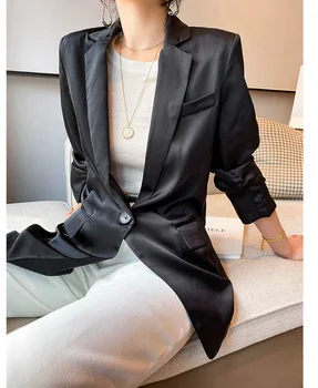 Femei din satin negru blazer doamna munca de birou de sex feminin decent de vară 2020 femme subțire costum jachete