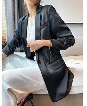 Femei din satin negru blazer doamna munca de birou de sex feminin decent de vară 2020 femme subțire costum jachete