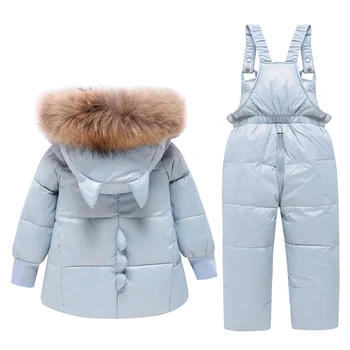 Rusia Iarna Copii Fete Băieți Snowsuit Salopeta Copil Alb Rață Jos Jachete Salopete Copii Real Blană De Raton Cu Gluga Îmbrăcăminte