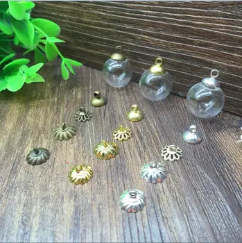 50sets/lot 16mm gol minge de sticlă sticle de farmece pandantiv flacon set, 3 culori, cu capac din metal include, glob de sticlă orb bijuterie colier