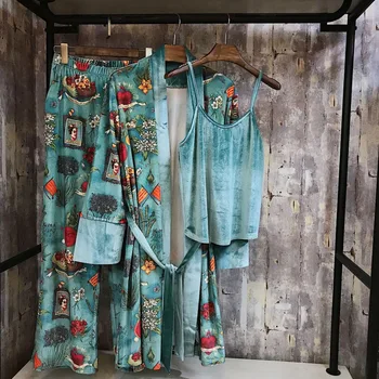 3PCS Moda Toamna Nouă Pictură în Ulei de Imprimare Catifea Femei Seturi de Pijama de Iarna de Moda de Epocă Halat Seturi Elegante Femei îmbrăcăminte de noapte