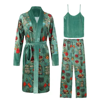 3PCS Moda Toamna Nouă Pictură în Ulei de Imprimare Catifea Femei Seturi de Pijama de Iarna de Moda de Epocă Halat Seturi Elegante Femei îmbrăcăminte de noapte