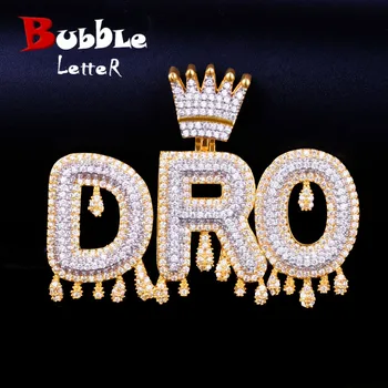 Nume Personalizat De Culoare De Aur Coroana Cauțiune Picurare Inițialele Scrisori Cu Bule Coliere Lanț & Pandantiv Zircon Cubic Bărbați Bijuterii Hip Hop