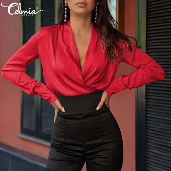 Camasa Eleganta Celmia Sexy V-Neck Maneca Lunga Tricouri Femei Slik Bluze Din Satin Primăvară Toamnă Topuri Casual Office Blusas Femininas