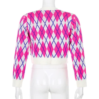 Weekeep Argyle Pink Plaid Pulover Cardigan Femei Streetwear Tricot Ține de Cald ' 90 Retro Maneca Lunga Butonul Crop Pulover Topuri Y2K