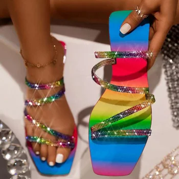 Femei Papuci Pietre Sandale de Doamnelor Bling Curcubeu Casual Pantofi Plat Feminin Diapozitive șlapi de Plajă de Vară Sandalias 2020