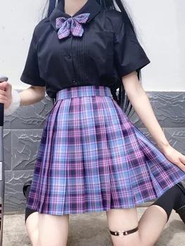 Femei Negru-Violet Uniformă Fuste Plisate Japoneză Uniformă de Școală Înaltă Talie O-linie Carouri Fusta Sexy Jk Uniforme Fete Seturi Complete