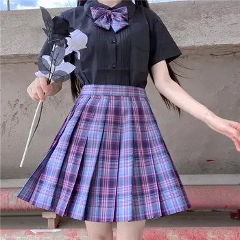 Femei Negru-Violet Uniformă Fuste Plisate Japoneză Uniformă de Școală Înaltă Talie O-linie Carouri Fusta Sexy Jk Uniforme Fete Seturi Complete