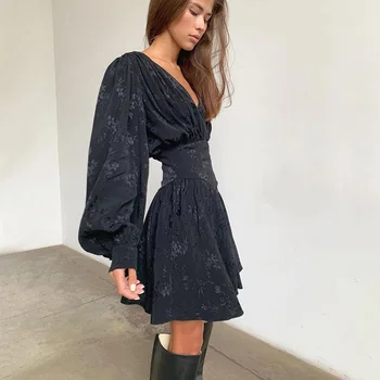 Gotic Sexy Negru Midi Dress V-gât pentru Woamn 2020 Toamna Harajuku Designer de Lux, Haine de Femei Partid Rochie Goth