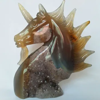 Naturale agat piatră sculptură unicorn craniu de cristal, cristale, geode cluster creativ sculptură acasă decor nobil și pur