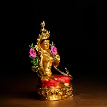 Budist Din Aliaj De Metal Rafinat Colorate Eficace Tibetan Bodhisattva Verde Tara Buddha Aurire Statuie A Pune Decoratiuni